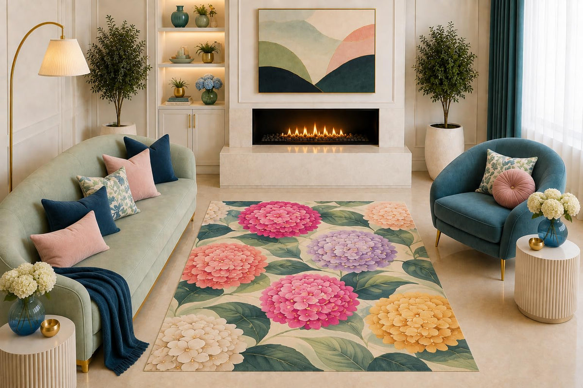 ICE ARMOR "Ultra Light Weight 5' x 7' Hydrangea Floral Area Rug Colorful Botanical Art Pink Purple Yellow Green for Living Room Bedroom Dining Room Non-Slip Silicone Backing Low Pile