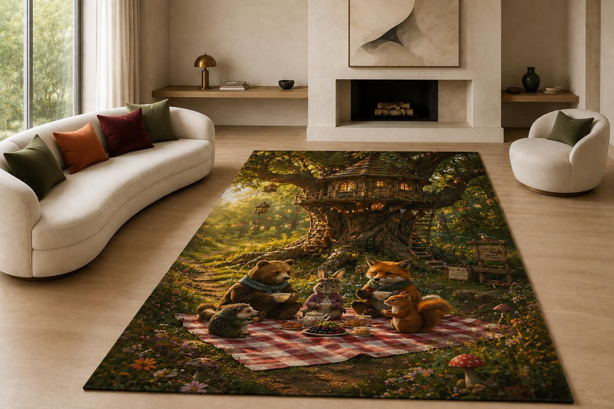 ICE ARMOR "Ultra Lightweight Large 6'7" x 9'10" Treehouse Picnic Area Rug for Living Room, Bedroom and Home Office, Soft Low Pile Carpet with Non-Slip Silicone Backing, Green and Brown