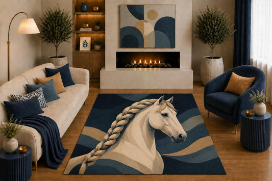ICE ARMOR "Ultra Light Weight 5' x 7' Braided White Horse Area Rug Modern Equestrian Portrait Art for Living Room Bedroom Office Decor Non-Slip Silicone Backing Low Pile