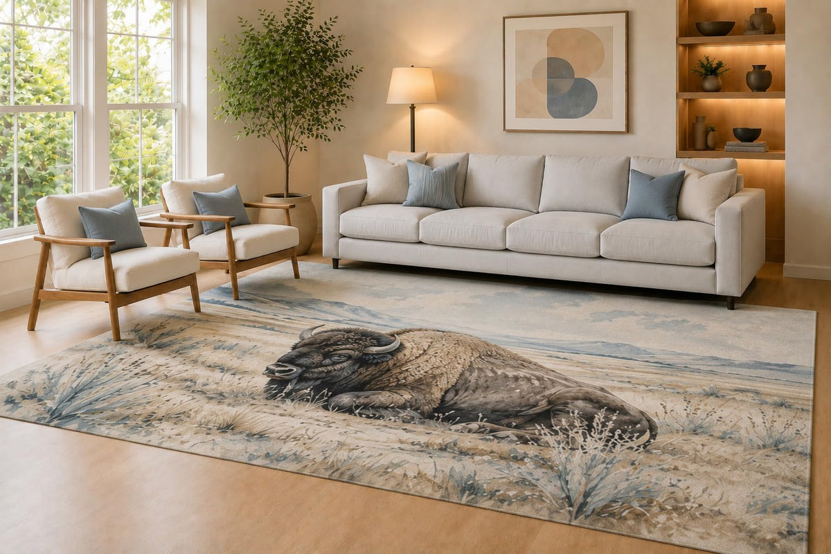 ICE ARMOR Large 6'7" x 9'10" Blue and Beige Resting Bison Area Rug for Living Room, Soft Low Pile Carpet with Non-Slip Silicone Backing, Decor for Bedroom Dining Room and Home Office