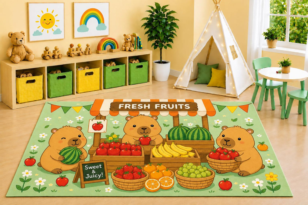 ICE ARMOR 5' x 7' Capybara Fruit Market Area Rug, Cute Farmers Market Apples Watermelon Banana Cartoon Kids Playroom Bedroom Decor, Non-Slip Silicone Backing Low Pile