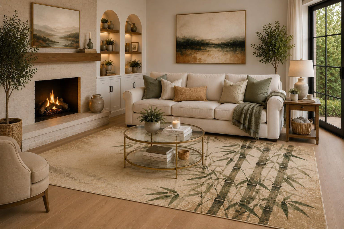 ICE ARMOR 6'7" x 9'10" Beige, Olive Green and Taupe Bamboo Grove Area Rug for Living Room, Soft Low Pile Carpet with Non-Slip Backing for Bedroom, Dining Room and Office