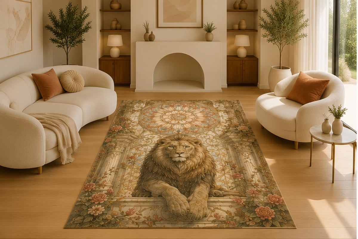 ICE ARMOR 5' x 7' Artistic Lion Area Rug for Living Room,Soft Low Pile Indoor Rug with Non-Slip Silicone Backing,Decorative Carpet for Bedroom,Dining Room,Office,Beige
