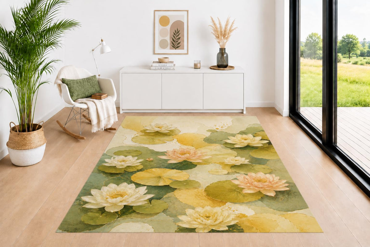 ICE ARMOR 5' x 7' Lily Pad Floral Area Rug for Living Room, Soft Low Pile Indoor Rug with Non-Slip Backing, Water Garden Carpet for Bedroom, Dining Room, Office