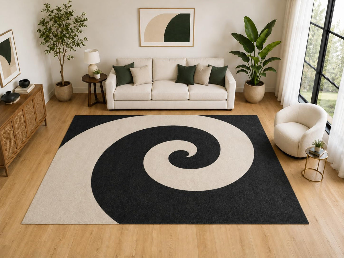 ICE ARMOR Large 6'7" x 9'10" Optical Spiral Swirl Area Rug for for Bedroom, Living Room, Soft Low Pile Indoor Rug with Non-Slip Silicone Backing, Black Ivory