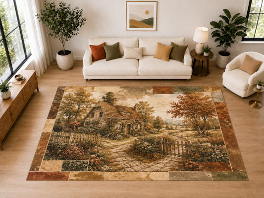 ICE ARMOR "Ultra Light Weight Large 6'7" x 9'10" Cottage Garden Area Rug for Dining, Living Room, Bedroom, Soft Low Pile Indoor Rug with Non-Slip Silicone Backing, Beige Rust
