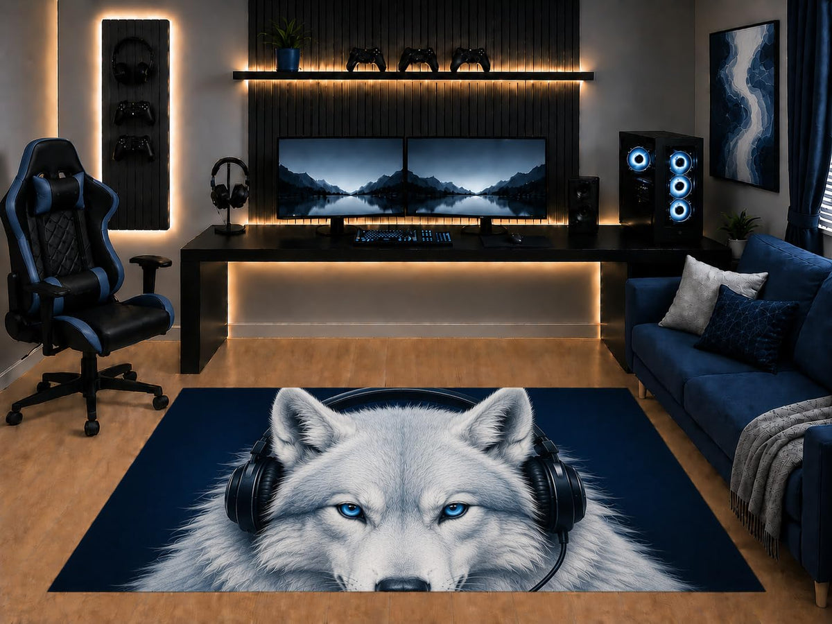 ICE ARMOR "Ultra Light Weight 5' x 7' White Arctic Wolf Headphones Area Rug Realistic Blue Eyes Animal Art for Gaming Room Bedroom Living Room Non-Slip Silicone Backing Low Pile