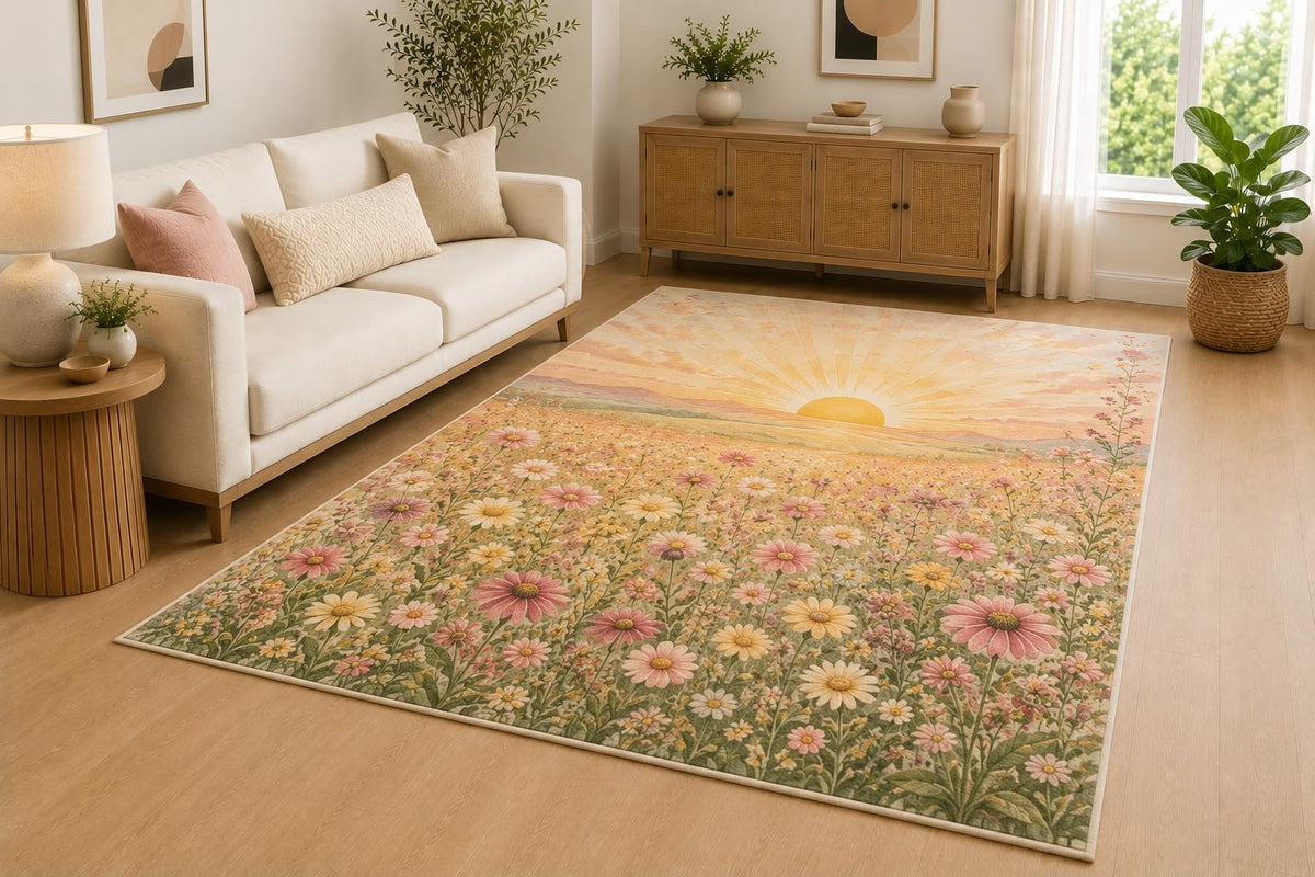 ICE ARMOR 5' x 7' Sunrise Wildflower Field Area Rug for Living Room, Soft Low Pile Indoor Rug with Non-Slip Silicone Backing, Bedroom, Office, Kids & Pets, Yellow Pink Green