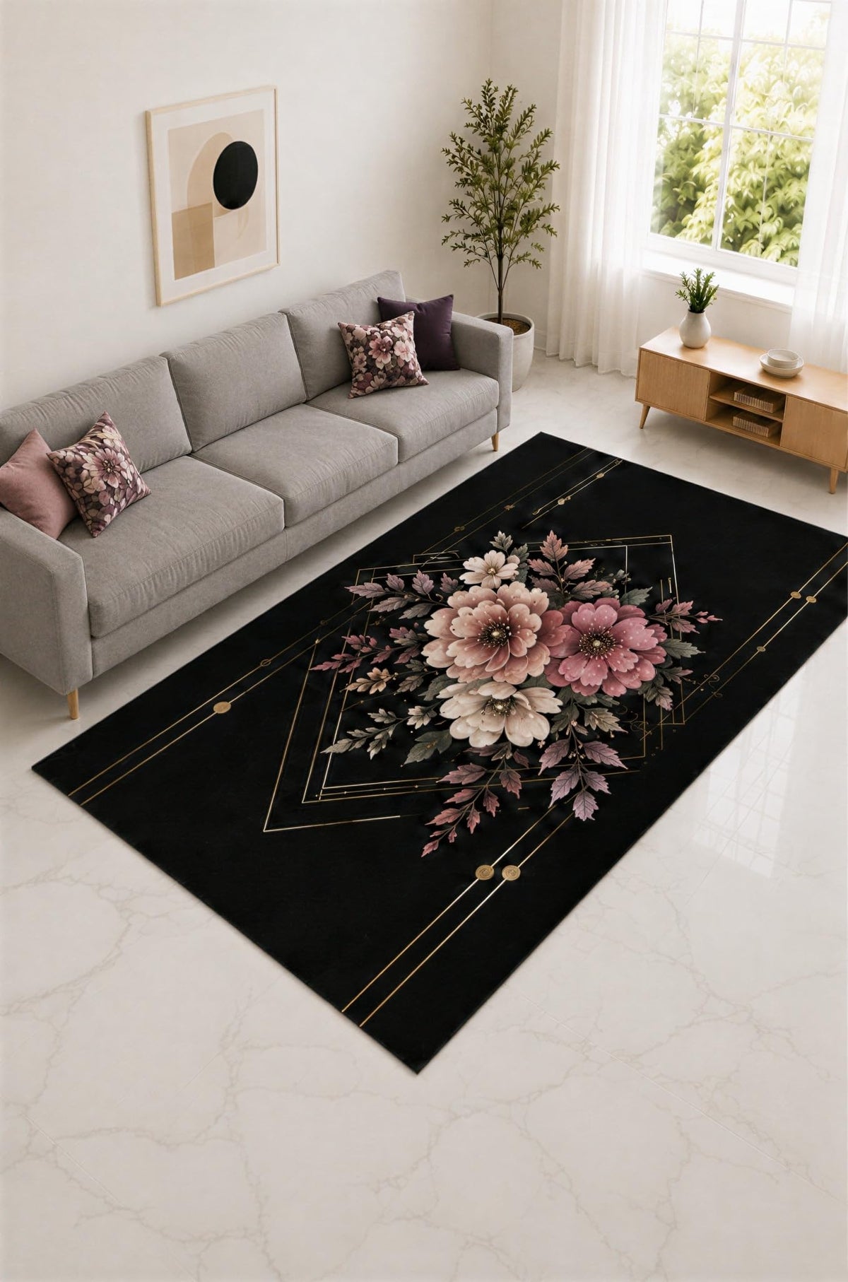 ICE ARMOR "Ultra Lightweight Large 6'7" x 9'10" Black and Rose Geometric Bouquet Area Rug for Living Room, Bedroom and Home Office, Soft Low Pile Carpet with Non-Slip Silicone Backing