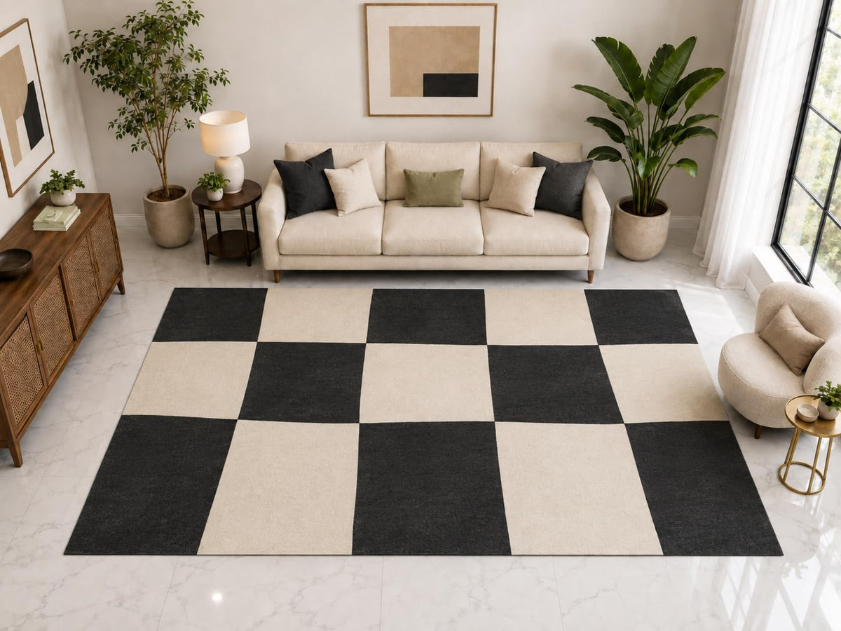 ICE ARMOR "Ultra Light Weight Large 6'7" x 9'10" Checkerboard Rug, Soft Low Pile Indoor Rug, Non-Slip Silicone Backing Living Room Black