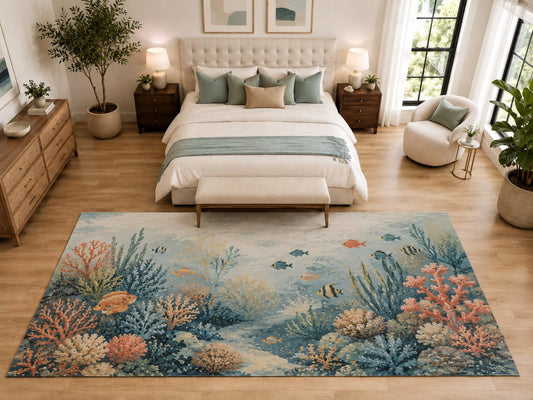 ICE ARMOR "Ultra Light Weight Large 6'7" x 9'10" Coral Reef Fish Rug for Bedroom, Soft Low Pile Indoor Rug and Non-Slip Silicone Backing, Light Blue