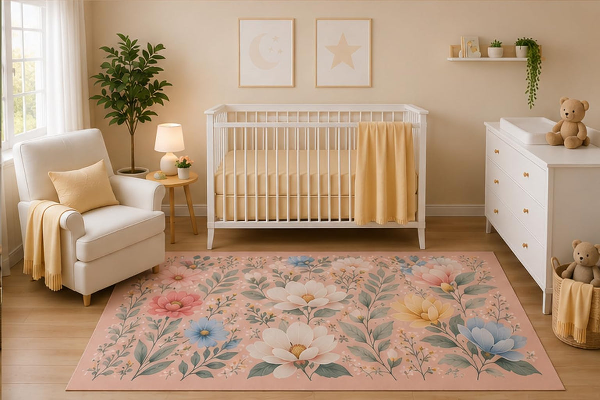 ICE ARMOR 5' x 7' Soft Floral Bouquet Area Rug for Nursery Room, Pastel Botanical Flower Garden Design, Pink Blue Yellow Baby Bedroom Decor, Non-Slip Silicone Backing Low Pile