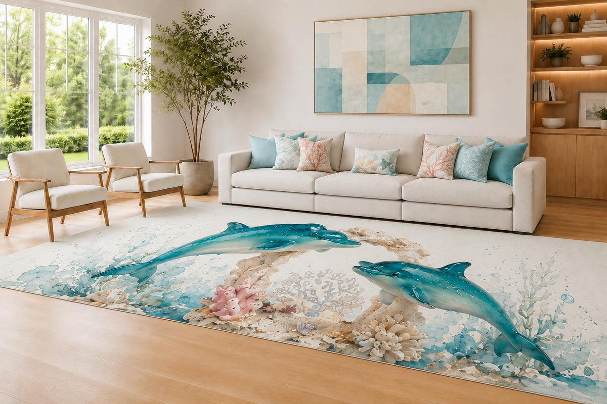 ICE ARMOR Large 6'7" x 9'10" Aqua and Beige Coral Dolphin Area Rug for Living Room, Soft Low Pile Carpet with Non-Slip Silicone Backing, Decor for Bedroom and Home Office