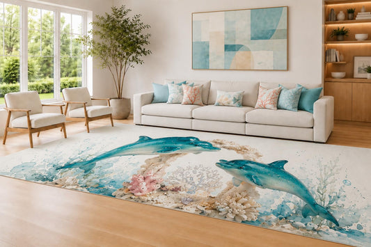 ICE ARMOR Large 6'7" x 9'10" Aqua and Beige Coral Dolphin Area Rug for Living Room, Soft Low Pile Carpet with Non-Slip Silicone Backing, Decor for Bedroom and Home Office