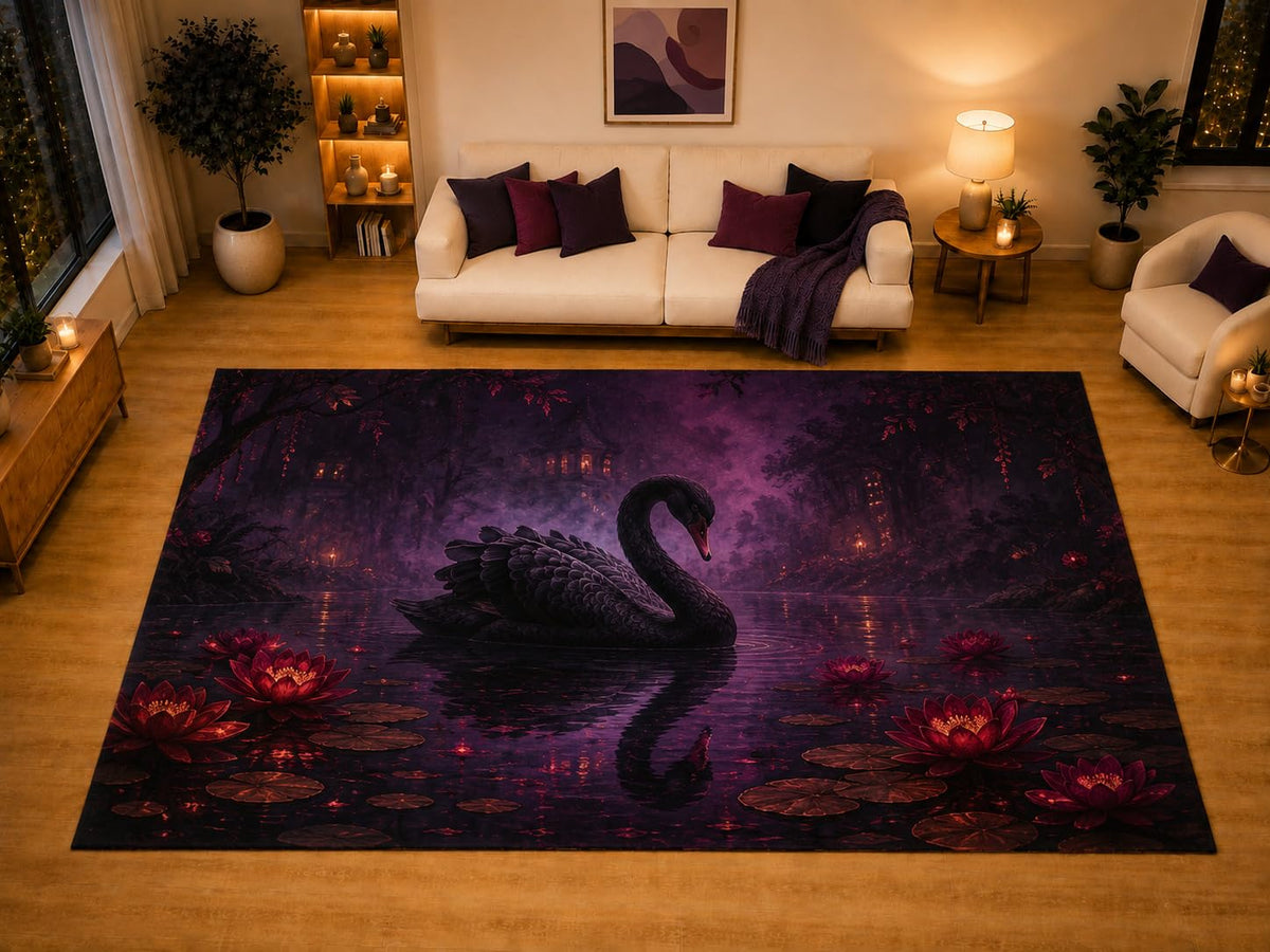 ICE ARMOR "Ultra Light Weight Large 6'7" x 9'10" Black Swan Lotus Pond Gothic Area Rug for Living Room Bedroom Dining Area, Soft Low Pile Non-Slip Backing, Purple Red Dark Romantic Decor