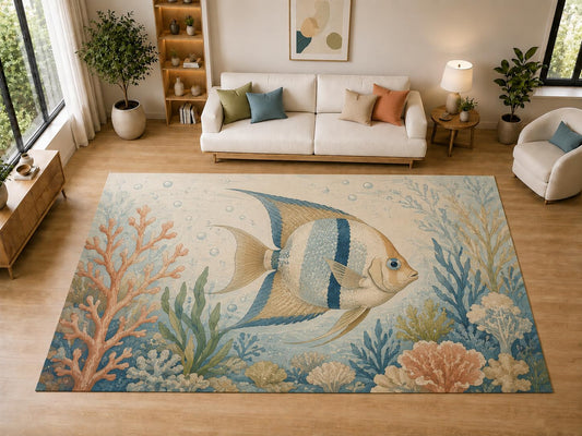 ICE ARMOR "Ultra Light Weight Large 6'7" x 9'10" Coral Fish, Living Room, Bedroom, Dining Room, Office, Family Room, Soft Low Pile Indoor Rug, Non-Slip Silicone Backing, Blue