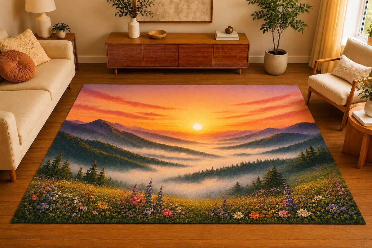 ICE ARMOR 5' x 7' Misty Mountain Wildflower Sunrise Area Rug, Soft Low Pile Indoor Rug with Non-Slip Silicone Backing, Nature Carpet for Living Room, Bedroom, Family Room, Sage Peach