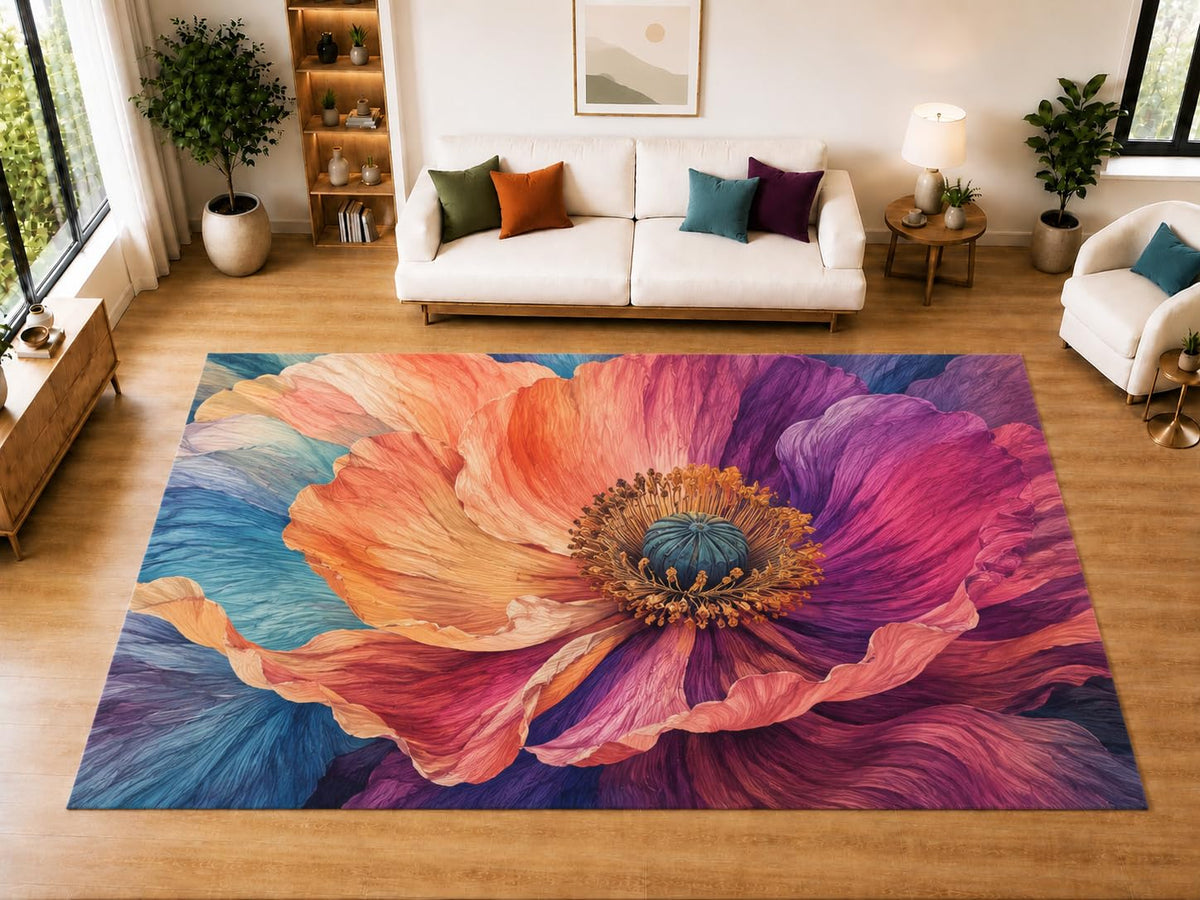 ICE ARMOR "Ultra Light Weight Large 6'7" x 9'10" Poppy Flower Area Rug for Living Room Bedroom Dining Room, Soft Low Pile Non-Slip Backing, Coral Purple Blue Peach Floral Decor