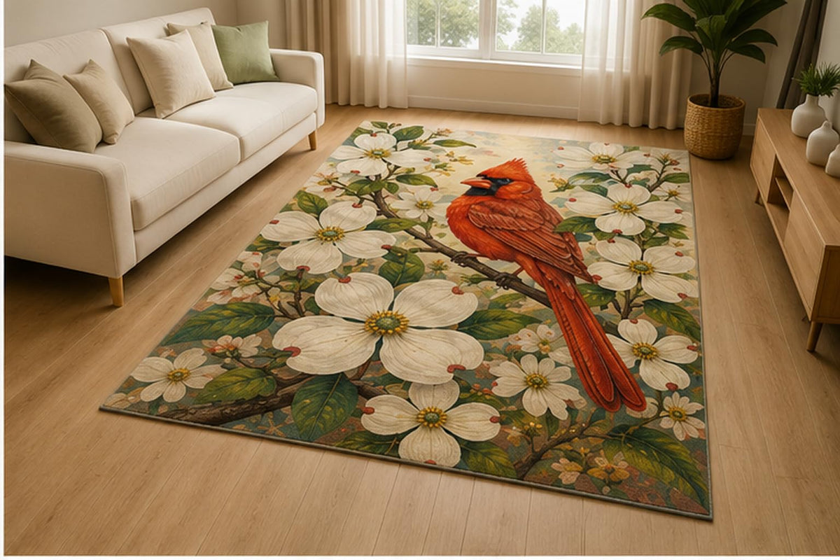 ICE ARMOR 5' x 7' Cardinal Dogwood Blossom Area Rug for Living Room, Soft Low Pile Indoor Rug with Non-Slip Silicone Backing, Bird Decor for Bedroom, Office, Family Room, Red White Green
