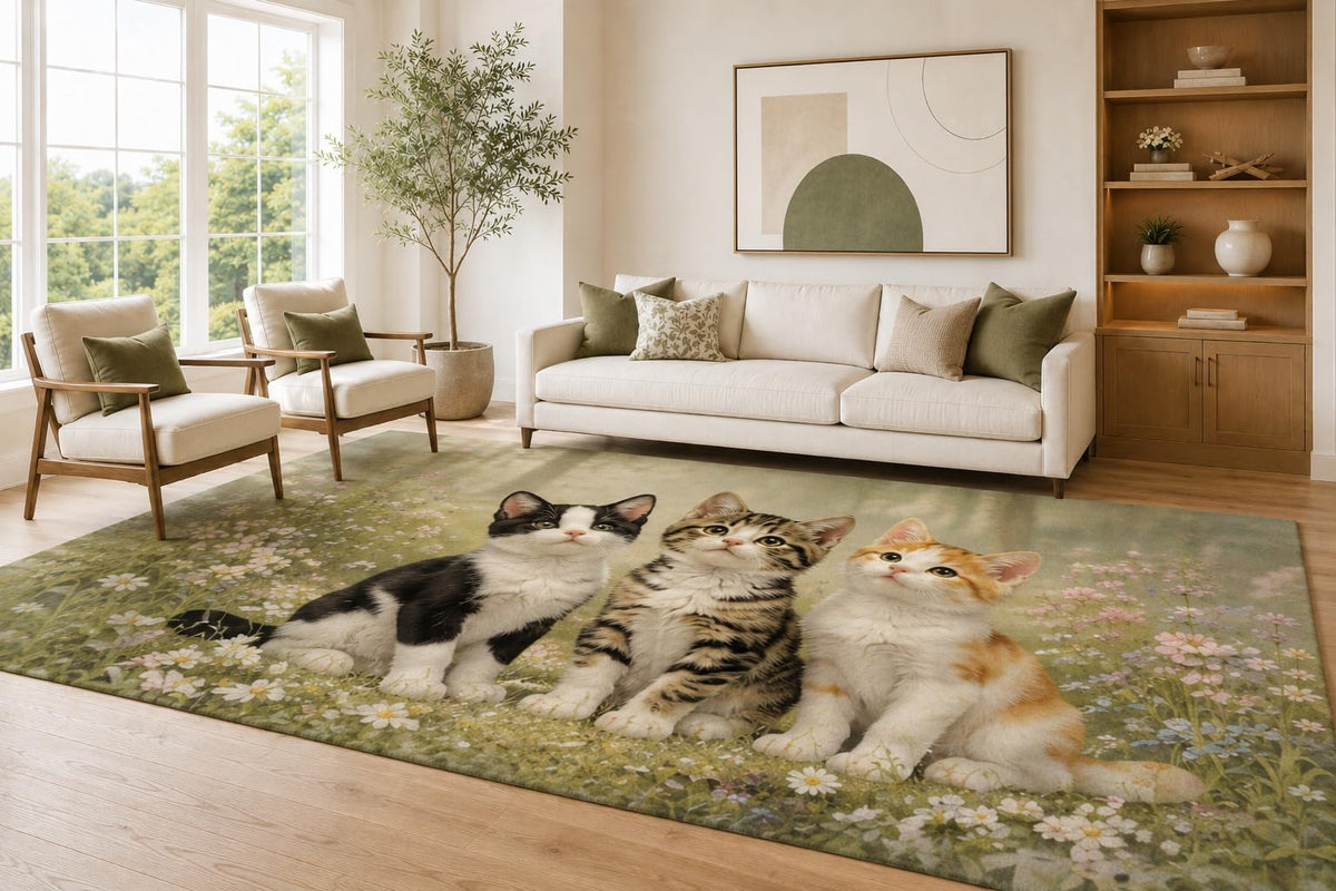 ICE ARMOR Large 6'7" x 9'10" Sage and Cream Kitten Trio Area Rug for Living Room, Soft Low Pile Carpet with Non-Slip Silicone Backing, Decor for Bedroom Dining Room and Home Office