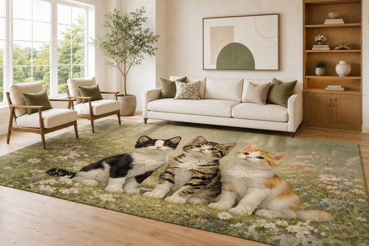 ICE ARMOR Large 6'7" x 9'10" Sage and Cream Kitten Trio Area Rug for Living Room, Soft Low Pile Carpet with Non-Slip Silicone Backing, Decor for Bedroom Dining Room and Home Office