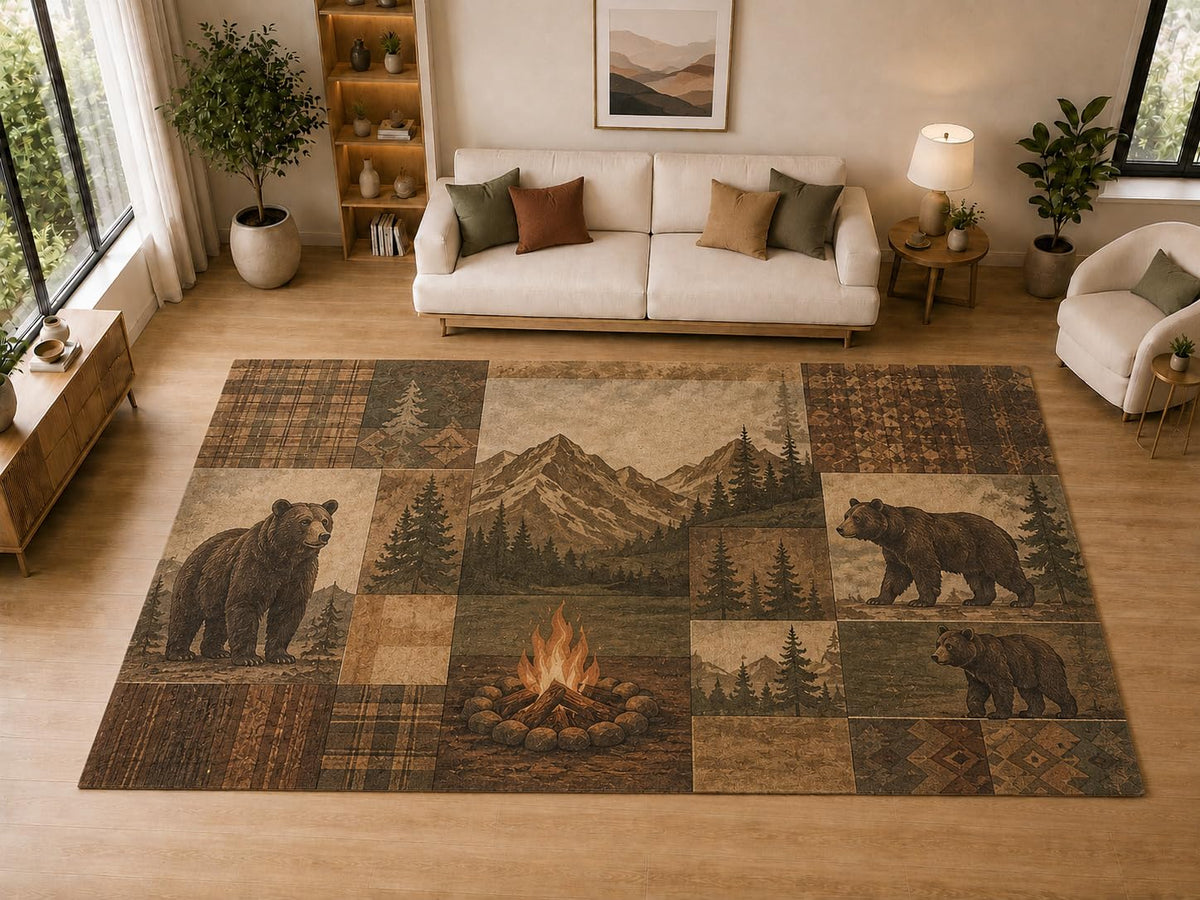 ICE ARMOR "Ultra Light Weight Large 6'7" x 9'10" Bear Campfire, Living Room, Bedroom, Dining Room, Office, Family Room, Soft Low Pile Indoor Rug, Non-Slip Silicone Backing, Brown