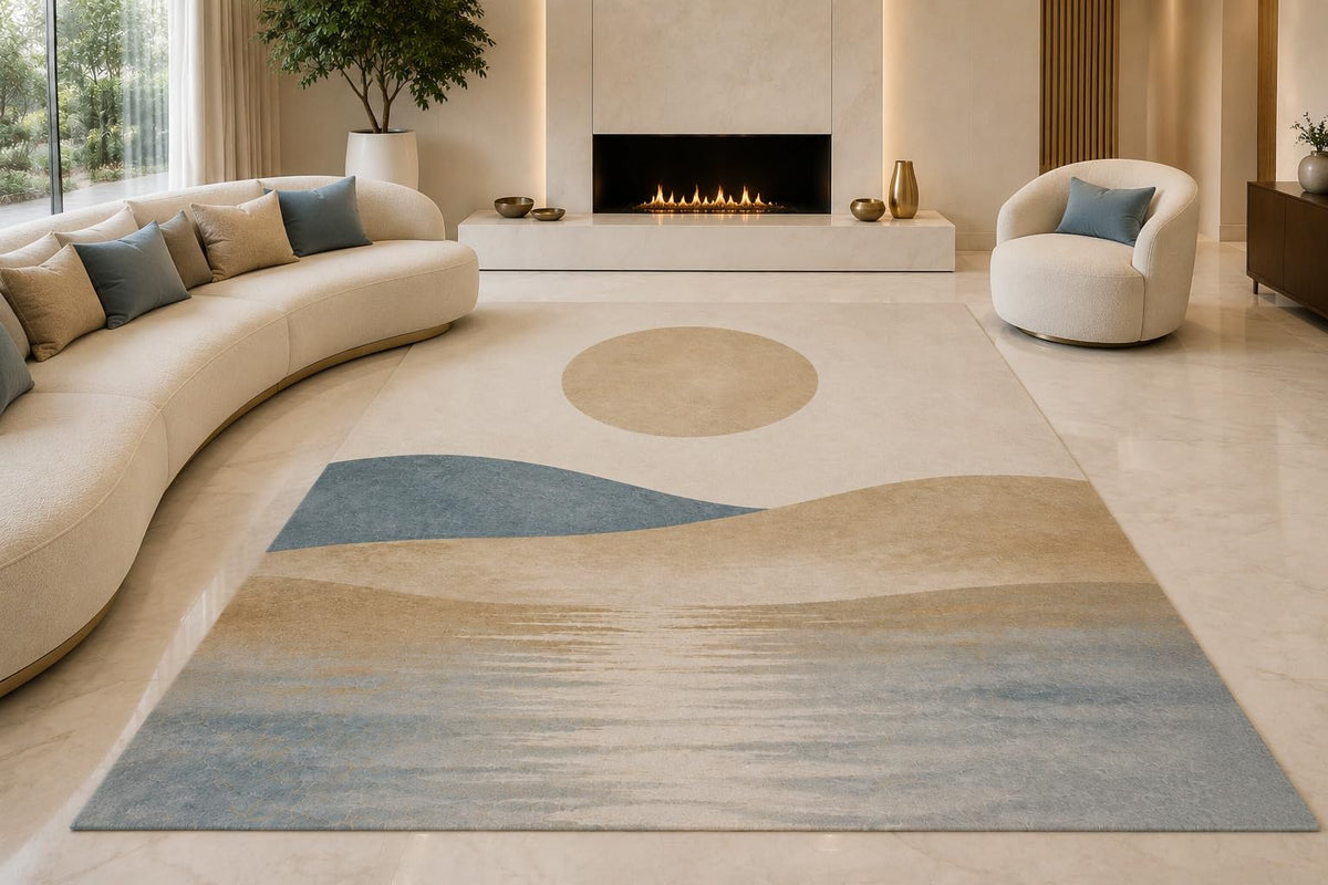 ICE ARMOR "Ultra Lightweight Large 6'7" x 9'10" Neutral Horizon Shapes Area Rug for Living Room, Bedroom and Home Office, Soft Low Pile Carpet with Non-Slip Silicone Backing, Beige and Gray
