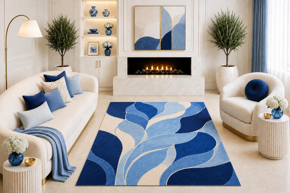 ICE ARMOR "Ultra Light Weight 5' x 7' Navy Blue Abstract Wave Area Rug, Modern Flowing Geometric Design for Living Room Bedroom Dining Room, Non-Slip Silicone Backing Low Pile