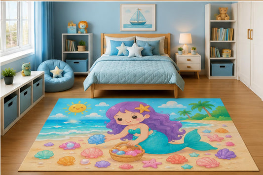 ICE ARMOR 5' x 7' Mermaid Collecting Seashells on Beach Area Rug for Girls Bedroom Nursery Playroom Scandinavian Minimalist Coastal Ocean Decor Non-Slip Silicone Backing Low Pile