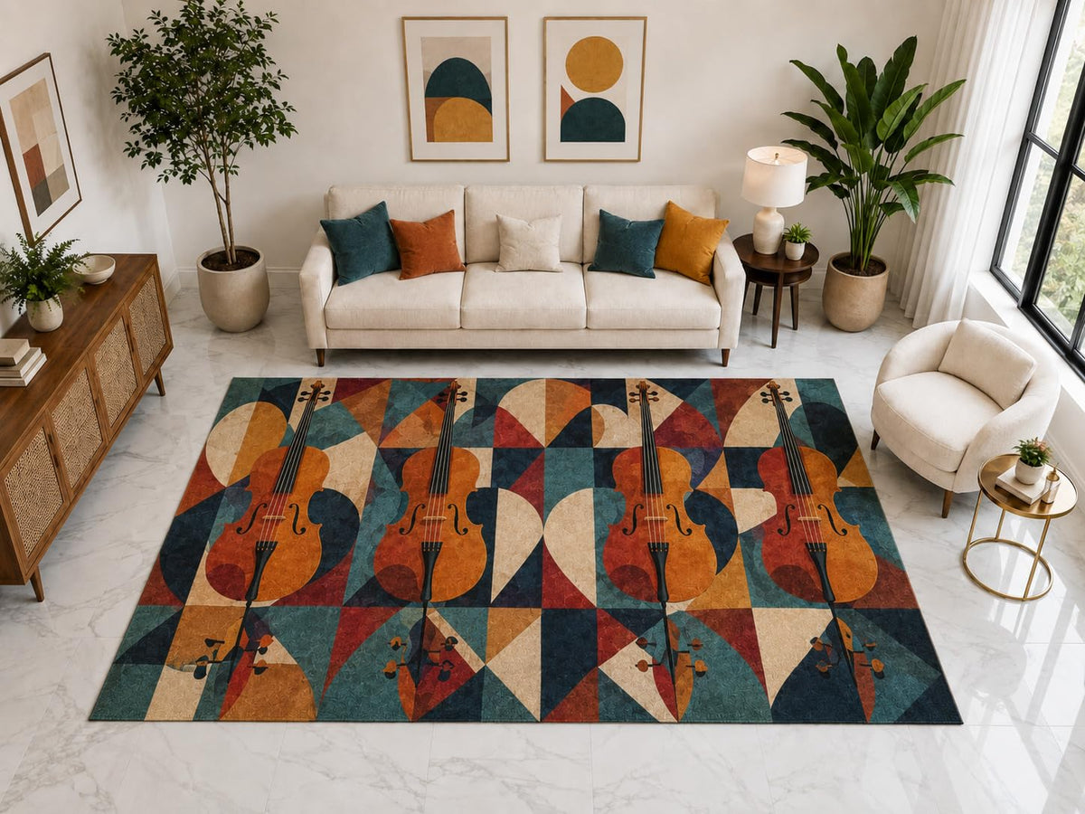 ICE ARMOR "Ultra Light Weight Large 6'7" x 9'10" Four Violin Mosaic Rug, Soft Low Pile Indoor Rug, Non-Slip Silicone Backing for Living Room Orange