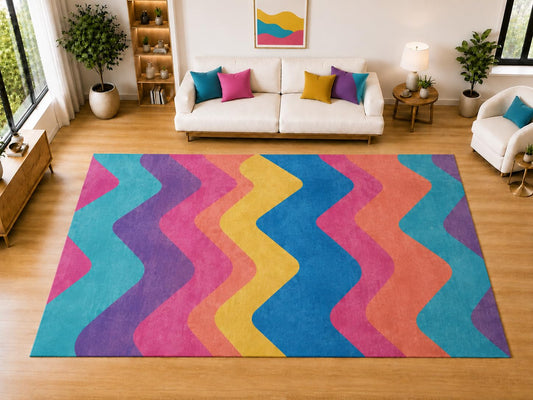 ICE ARMOR "Ultra Light Weight Large 6'7 x 9'10 Colorful Zigzag Waves Area Rug for Living Room, Dining Room, and Bedroom, Soft Low Pile Indoor Rug, Vibrant Floor Decor