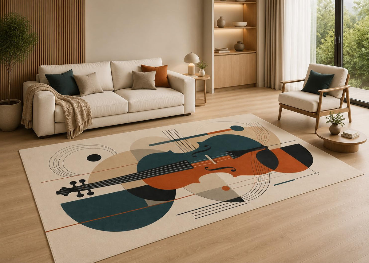 ICE ARMOR 5' x 7' Modern Abstract Violin Area Rug with Non-Slip Silicone Backing Low Pile Soft Carpet for Living Room Bedroom Studio Music Art Decor