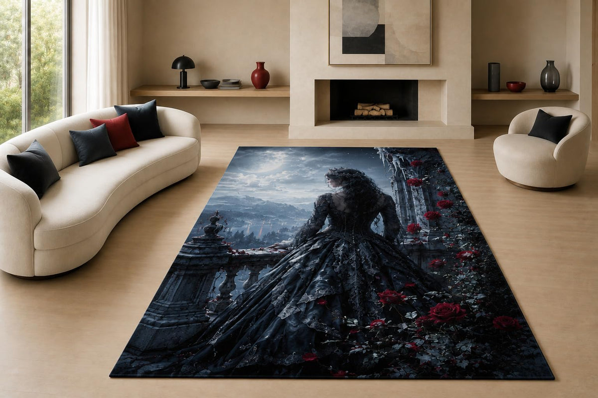 ICE ARMOR "Ultra Lightweight Large 6'7" x 9'10" Gothic Moonlit Rose Lady Area Rug for Living Room, Bedroom and Home Office, Soft Low Pile Carpet with Non-Slip Silicone Backing, Black and Red