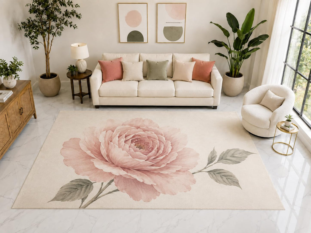 ICE ARMOR "Ultra Light Weight Large 6'7" x 9'10" Blush Peony Floral Rug, Soft Low Pile Indoor Rug, Non-Slip Silicone Backing for Bedroom Cream Pink