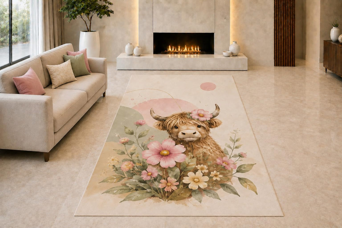 ICE ARMOR "Ultra Light Weight 5' x 7' Highland Cow Garden Area Rug for Living Room, Bedroom and Home Office, Soft Low Pile Carpet with Non-Slip Silicone Backing, Cream and Pink