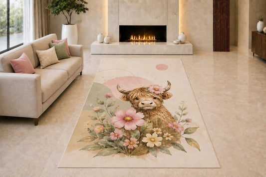 ICE ARMOR "Ultra Light Weight 5' x 7' Highland Cow Garden Area Rug for Living Room, Bedroom and Home Office, Soft Low Pile Carpet with Non-Slip Silicone Backing, Cream and Pink