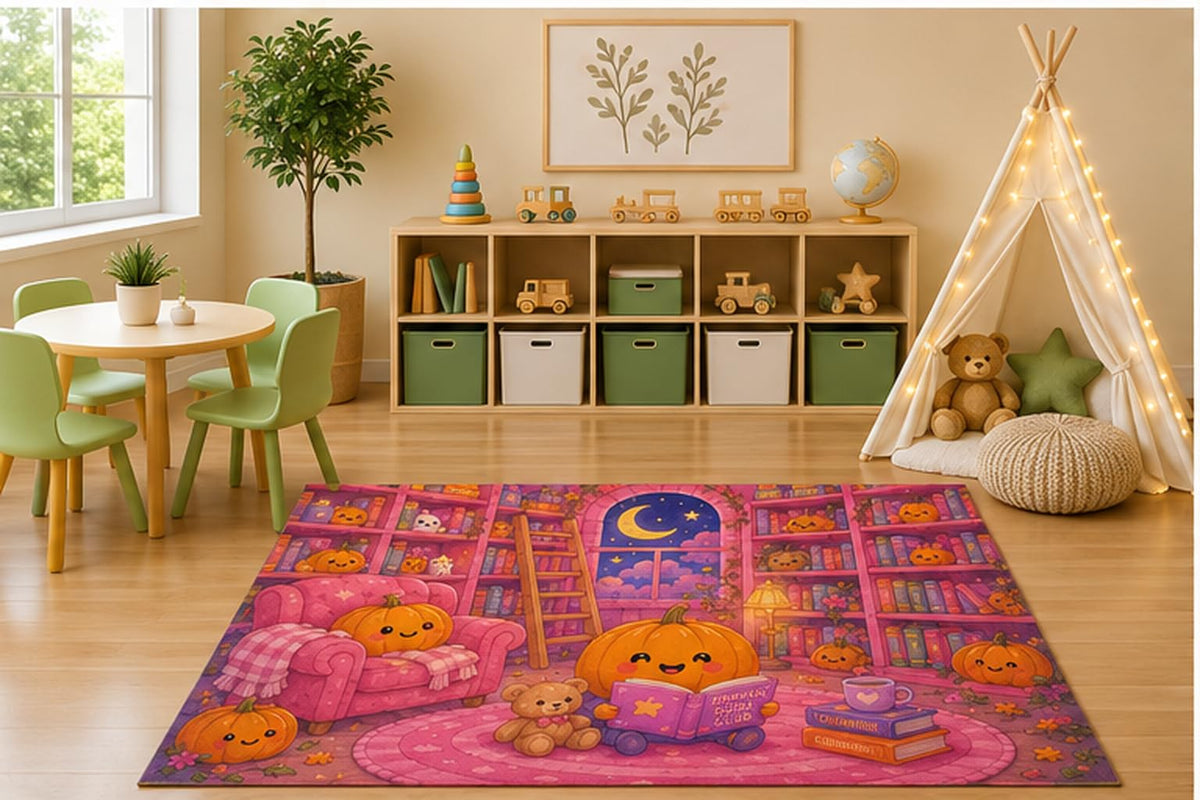 ICE ARMOR 5' x 7' Cozy Pumpkin Library Kids Area Rug, Cute Reading Pumpkin Books Bookshelf Kawaii Cartoon Playroom Nursery Bedroom Reading Corner Decor, Non-Slip Silicone Backing Low Pile