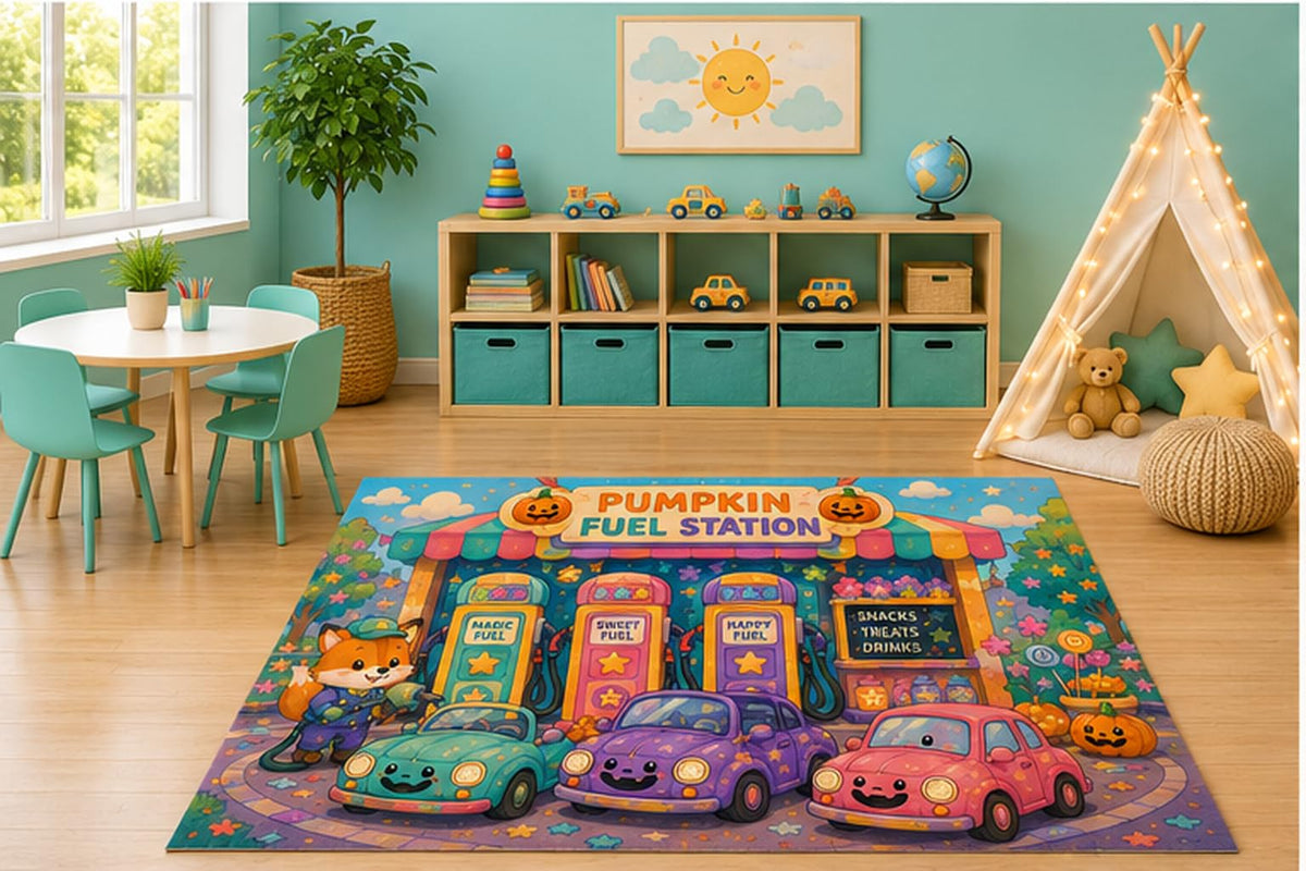 ICE ARMOR 5' x 7' Pumpkin Fuel Station Kids Area Rug, Cute Halloween Fox Gas Station Cars Cartoon Playroom Nursery Bedroom Classroom Decor, Non-Slip Silicone Backing Low Pile