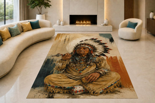 ICE ARMOR "Ultra Lightweight Large 6'7" x 9'10" Seated Tribal Chief Area Rug for Living Room, Bedroom and Home Office, Soft Low Pile Carpet with Non-Slip Silicone Backing, Brown and Beige