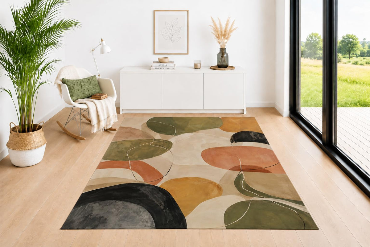 ICE ARMOR 5' x 7' Geometric Shapes Area Rug, Modern Earth Tone Pattern in Olive Green Terracotta Black Beige and Cream, Soft Low Pile Carpet for Living Room Bedroom Office Decor