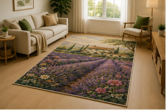 ICE ARMOR 5' x 7' Lavender Field Cottage Area Rug for Living Room, Soft Low Pile Indoor Rug with Non-Slip Silicone Backing, Bedroom, Dining Room, Purple Green