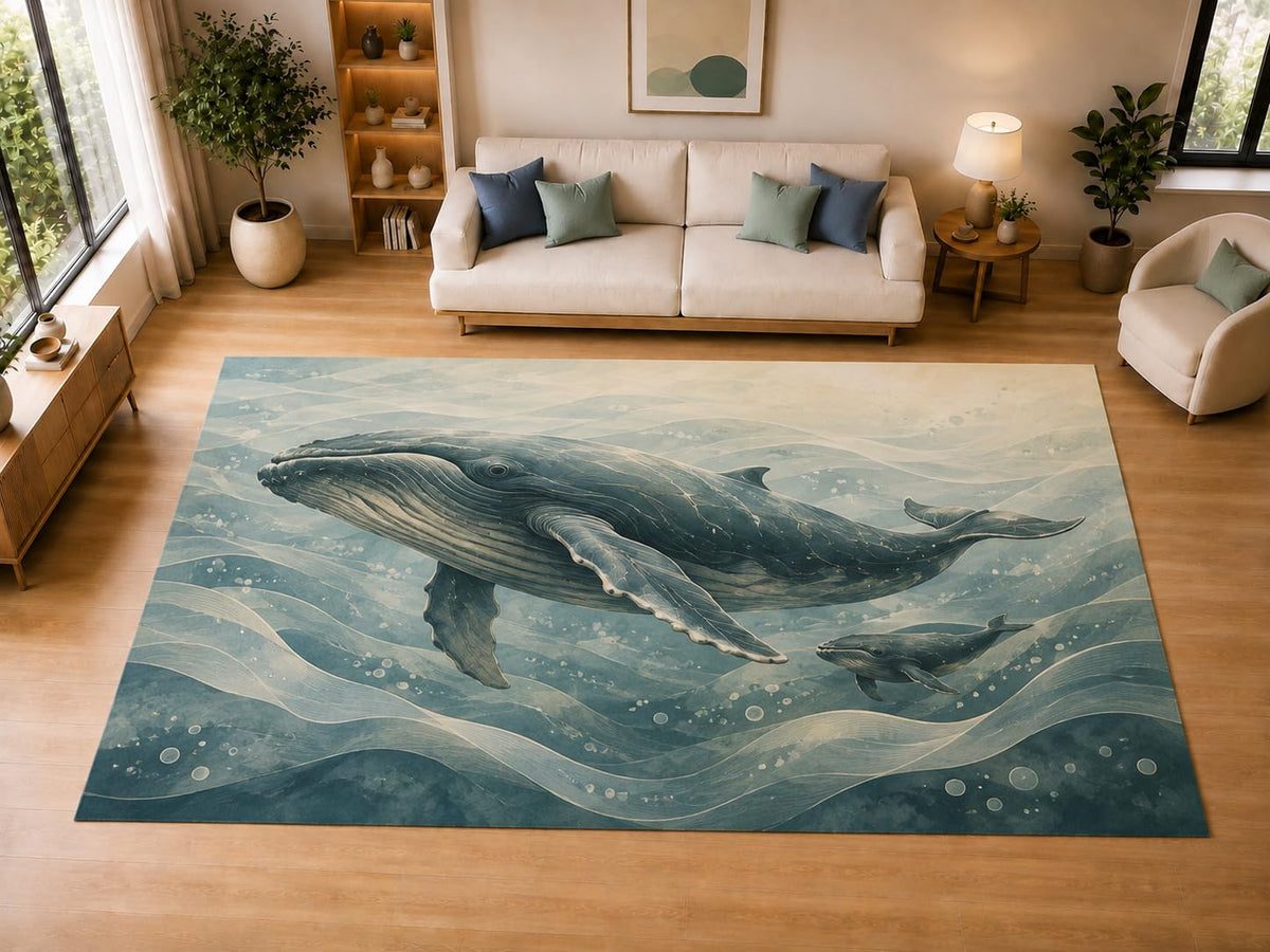 ICE ARMOR "Ultra Light Weight Large 6'7" x 9'10" Humpback Whale Ocean Decor, Living Room, Bedroom, Dining Room, Office, Family Room, Soft Low Pile Indoor Rug, Non-Slip Silicone Backing, Blue