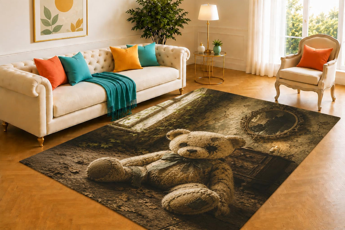 ICE ARMOR 5' x 7' Haunted Teddy Bear Rug, Stitched Doll Eye and Celestial Artwork, Smooth Printed Floor Cover for Nursery, Bedroom, Playroom and Gothic Decor