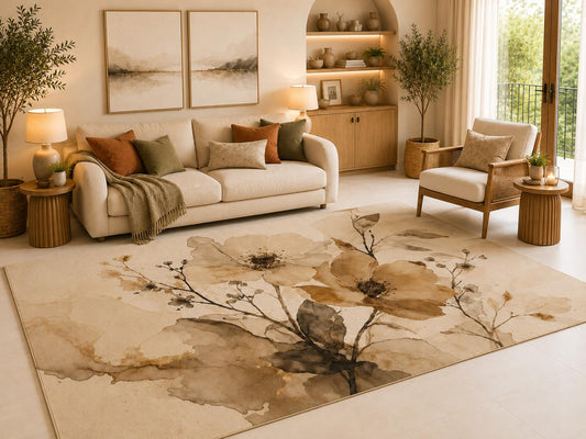 ICE ARMOR 6'7" x 9'10" Watercolor Floral Area Rug for Living Room, Soft Low Pile Indoor Rug with Non-Slip Silicone Backing, Large Decorative Carpet for Bedroom, Dining Room and Office, Brown