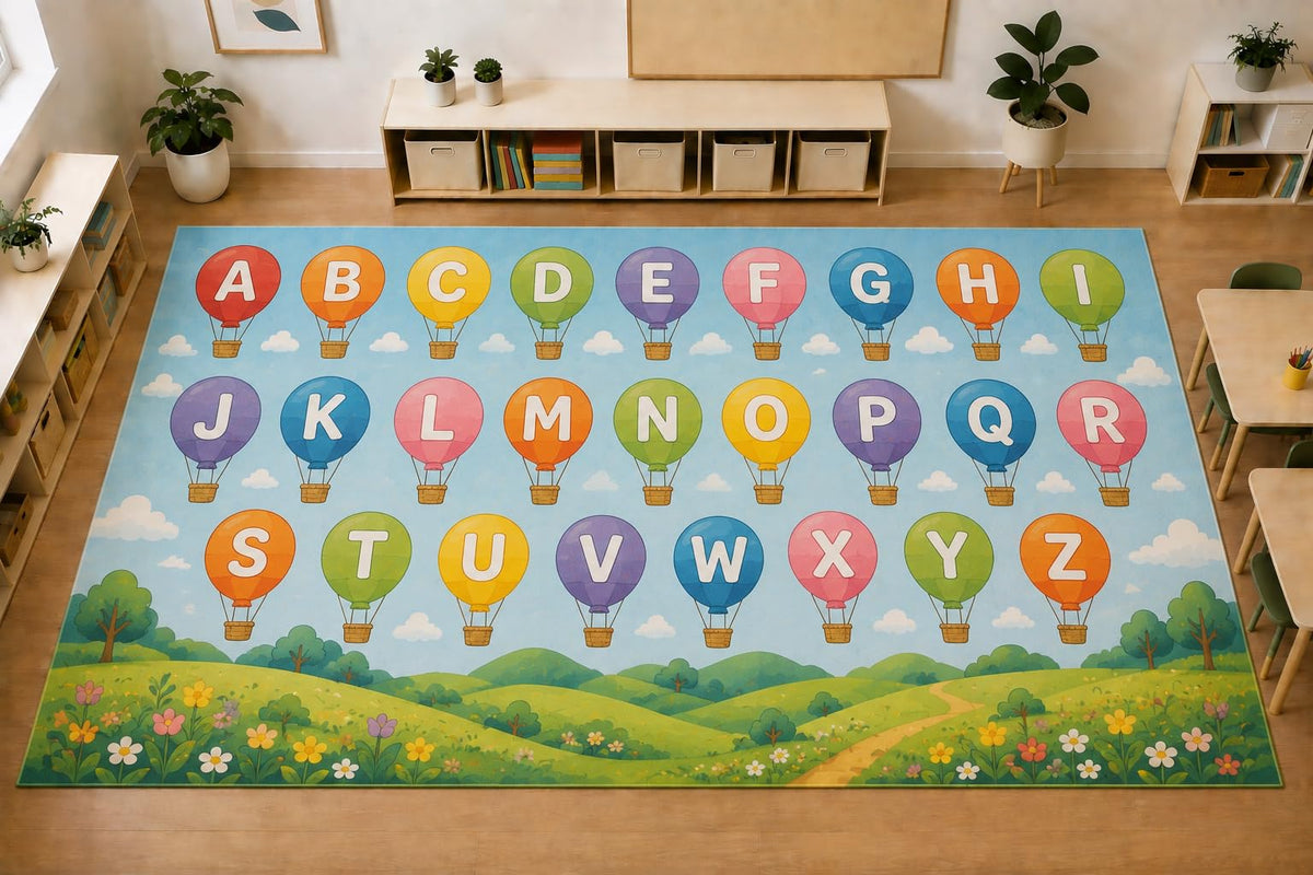 ICE ARMOR Large 6'7" x 9'10" Alphabet Hot Air Balloon Area Rug, Soft Low Pile Indoor Rug with Non-Slip Silicone Backing for Kids Room Playroom, Blue