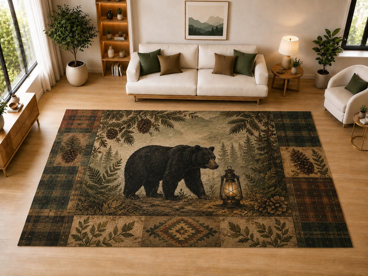ICE ARMOR "Ultra Light Weight Large 6'7" x 9'10" Black Bear Forest Lantern Decor, Living Room, Bedroom, Dining Room, Office, Family Room, Soft Low Pile Indoor Rug, Non-Slip Silicone Backing, Brown