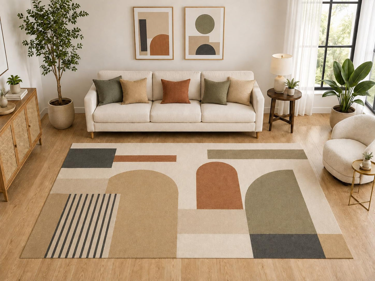 ICE ARMOR "Ultra Light Weight Large 6'7" x 9'10" Mid Century Arch Area Rug, Soft Low Pile Indoor Rug and Non-Slip Silicone Backing for Living Room Office, Beige Olive