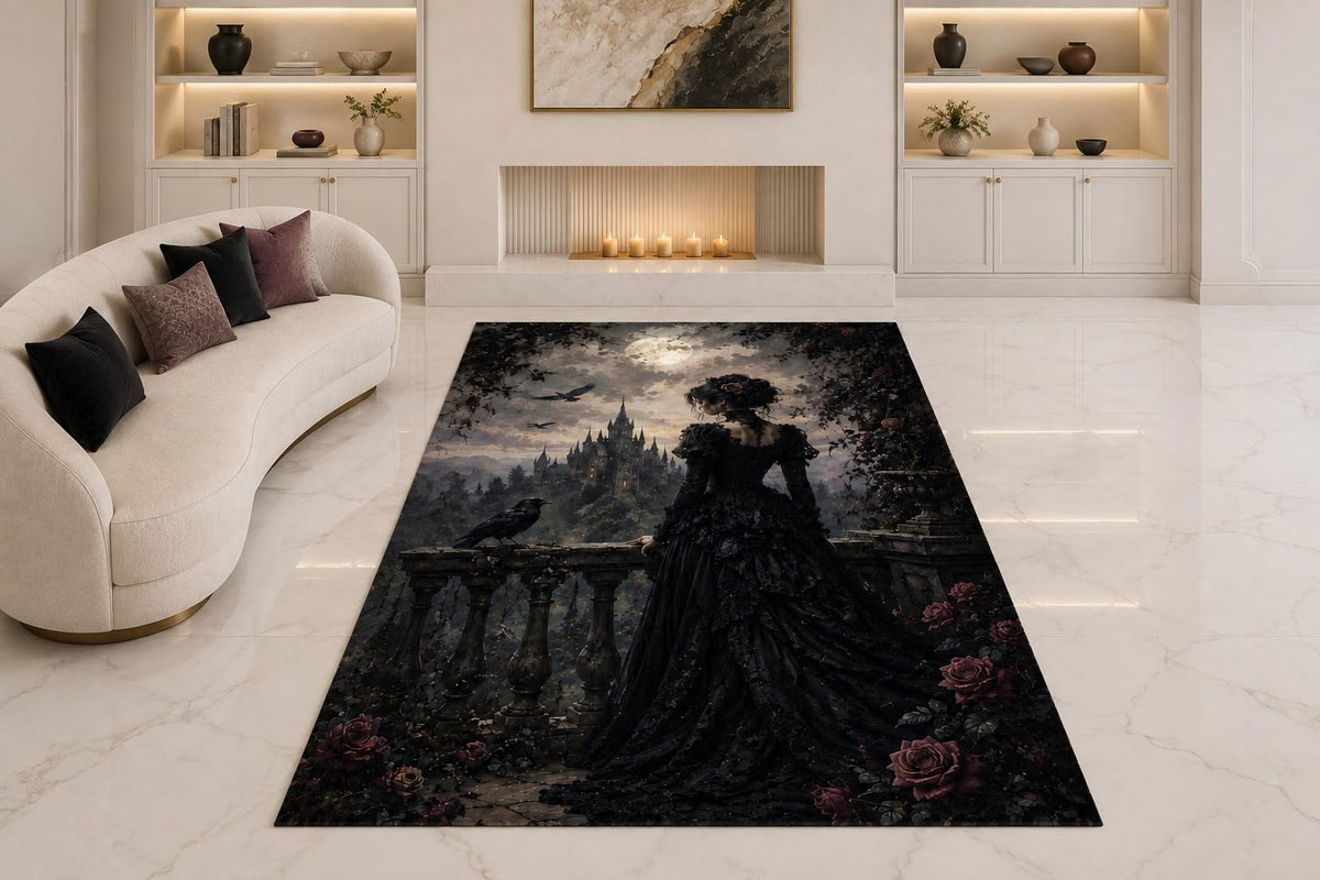 ICE ARMOR "Ultra Thin 5' x 7" Gothic Castle Woman Area Rug for Living Room, Bedroom and Home Office, Soft Low Pile Carpet with Non-Slip Silicone Backing, Black and Gray