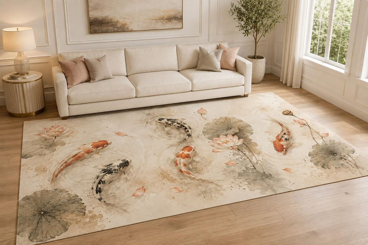 ICE ARMOR "Ultra Lightweight Large 6'7" x 9'10" Watercolor Koi Pond Area Rug for Living Room, Bedroom and Home Office, Soft Low Pile Carpet with Non-Slip Silicone Backing, Cream and Orange