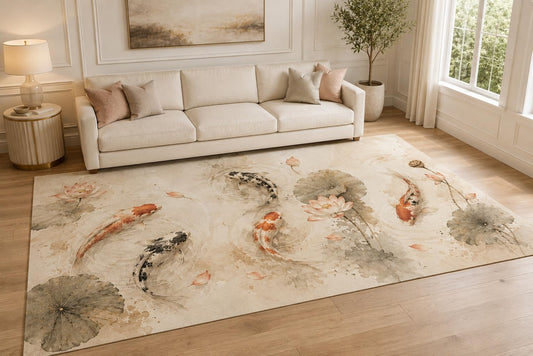ICE ARMOR "Ultra Lightweight Large 6'7" x 9'10" Watercolor Koi Pond Area Rug for Living Room, Bedroom and Home Office, Soft Low Pile Carpet with Non-Slip Silicone Backing, Cream and Orange